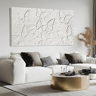 SHEYOYE White Minimalist Wall Art | Canvas Painting, Butterfly Modern Ab...