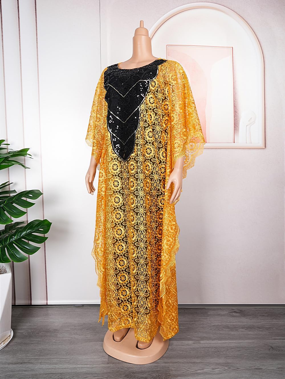 HD Womens African Lace Kaftan Dress Embroidery V Neck Evening Party Gown One Size with Matching Headwrap - Image 3