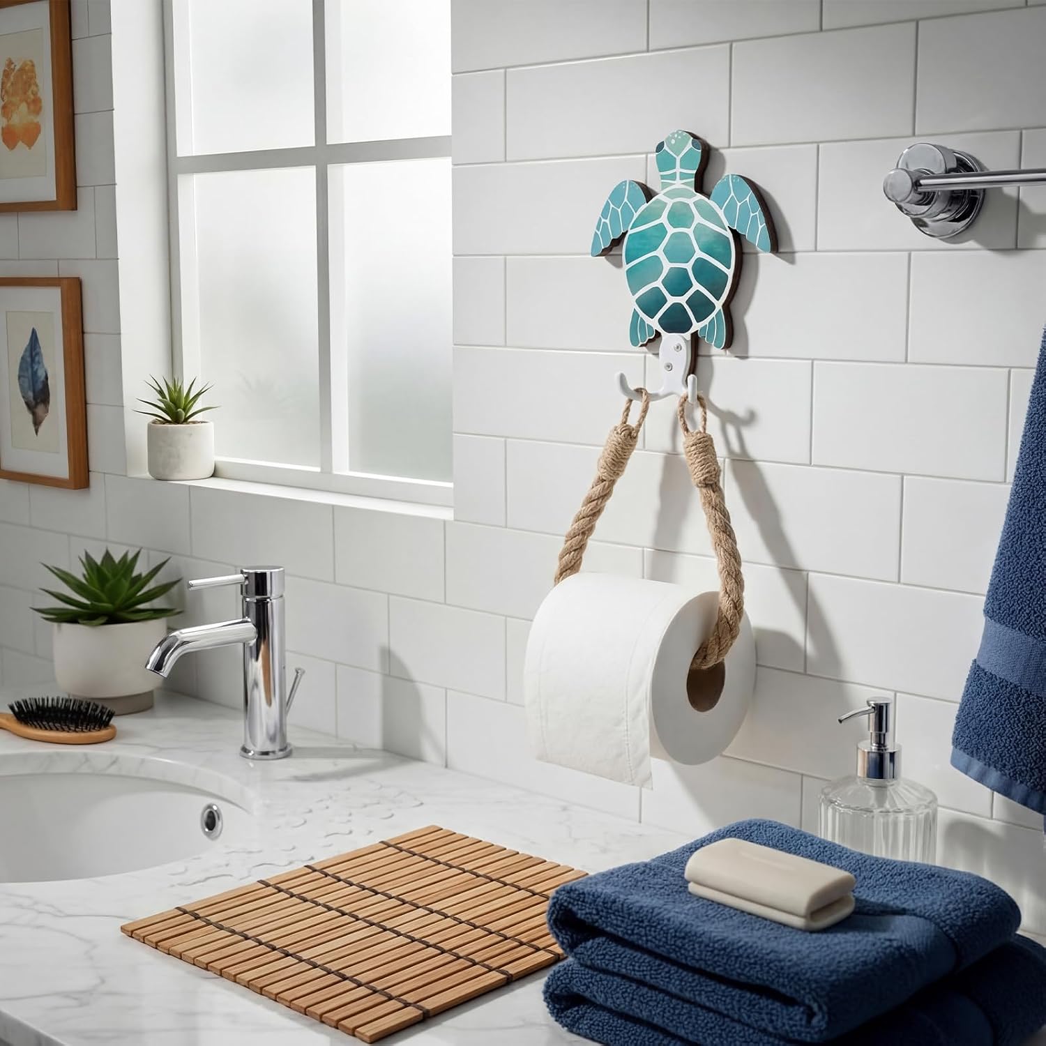 AceOrbit Blue Wood Coastal Sea Turtle Toilet Paper Holder Nautical Rustic Rope Toilet Paper Holder Wallmounted Towel Ring with Metal Hook Ocean Sea Beach Themed Bathroom Decor