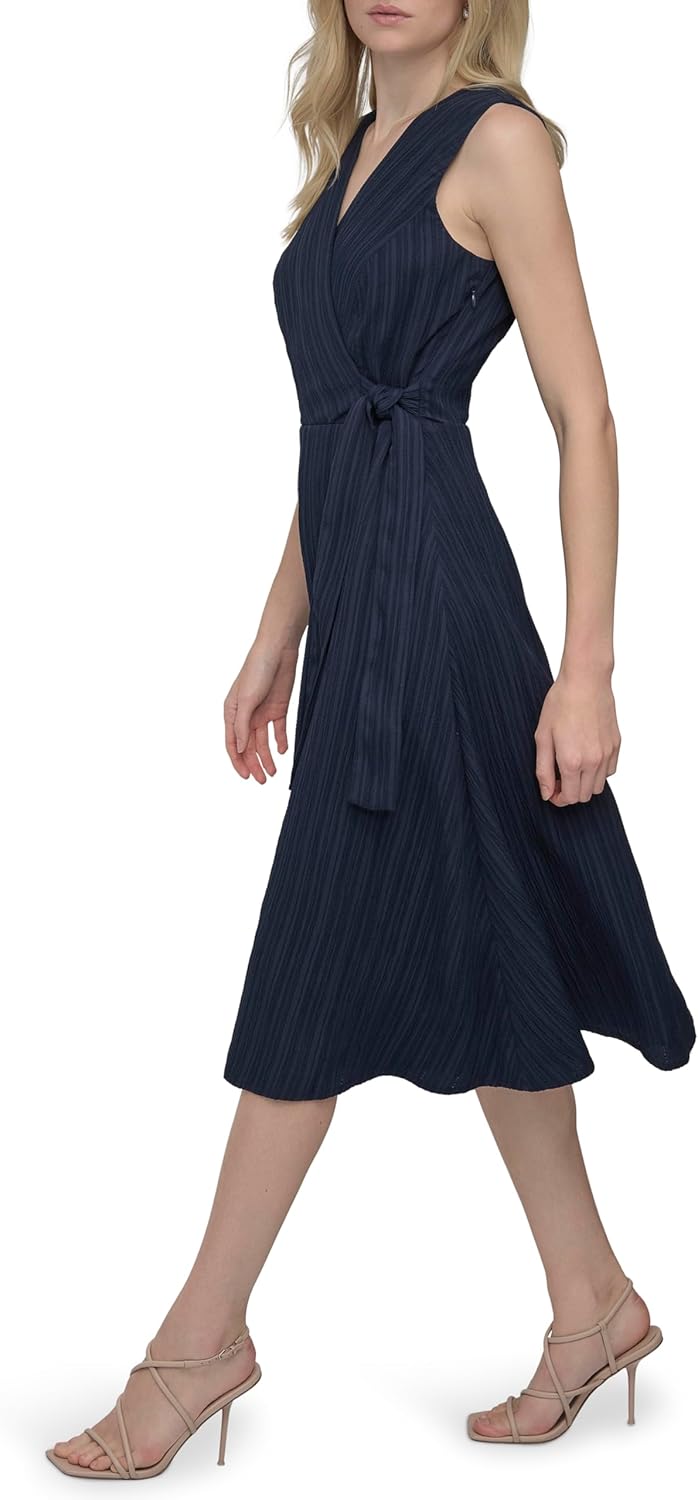 DKNY Womens Sleeveless Surplice Neck Partially Lined Faux Wrap Shirtdress - Image 3