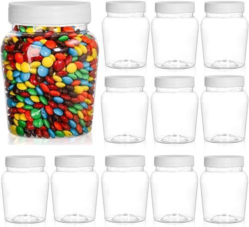 Paquete de 12 tarros redondos de plástico transparente, contenedor de almacenamiento vacío de 16 onzas, tarro de dulces recargable para el hogar con
