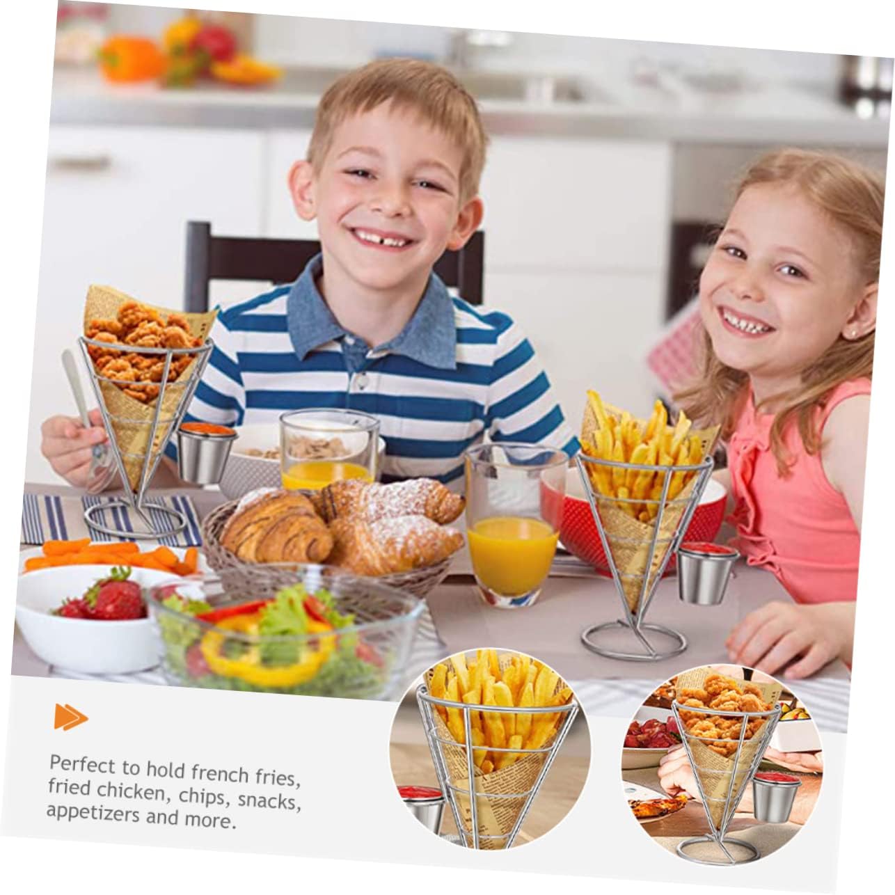 OUNONA 2Pcs Snack Display French Fries Holder Basket with Sauce Dippers for Parties Picnics and Home Use for Fried Foods Chips and More