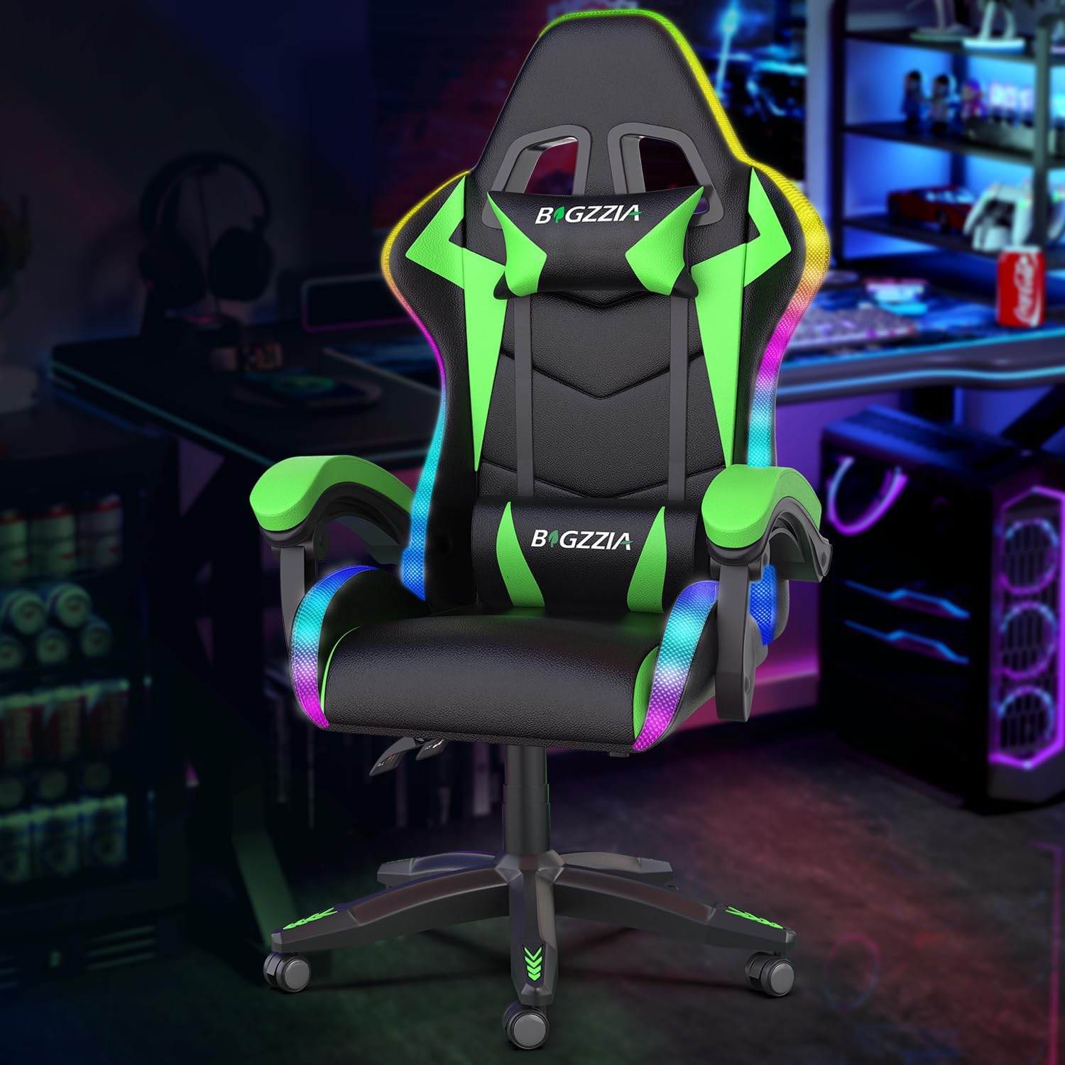71AI2jeV0ZL._AC_SL1500_ Bigzzia Gaming Chair with RGB LED Lights, High Back Ergonomic Computer Gamer Chair with Headrest and Lumbar Support, Racing Style Reclining Game Chair for Adults, Kids (Black/Green)