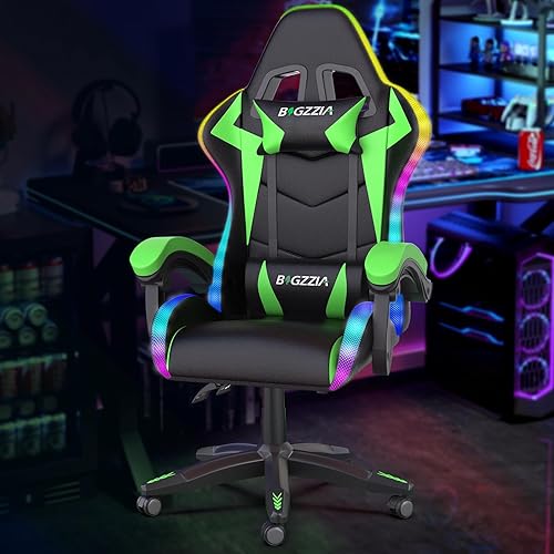 Bigzzia Silla Gaming con Luces LED RGB, Silla Ergonómica de Respaldo Alto para Computadora Gamer con Reposacabezas y Soporte Lumbar, Silla Gaming