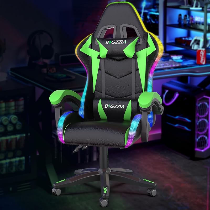 Bigzzia Gaming Chair with RGB LED Lights for Kids & Adults (Black/Green) | High-Back Ergonomic Gamer Chair with Headrest & Lumbar Support, Racing-Style Recline, 360° Swivel & Height-Adjustable Seat.