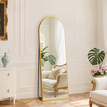 DUMOS 59"x16" Arched Full Length Mirror with Stand, Floor Standing Aluminum Frame, Shatter-Proof Nano Glass for Bedroom, Living Room, Cloakroom Modern Simple Home DecorHanging or Leaning,Gold