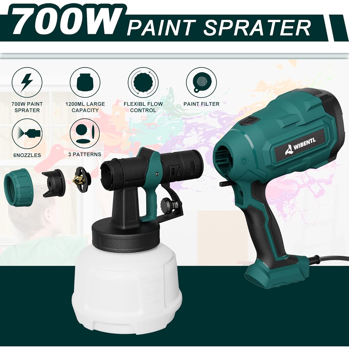 8/mo Finance WIBENTL Paint Sprayer, 700W HVLP Electric Spray Paint Gun, with 6 Copper Nozzles