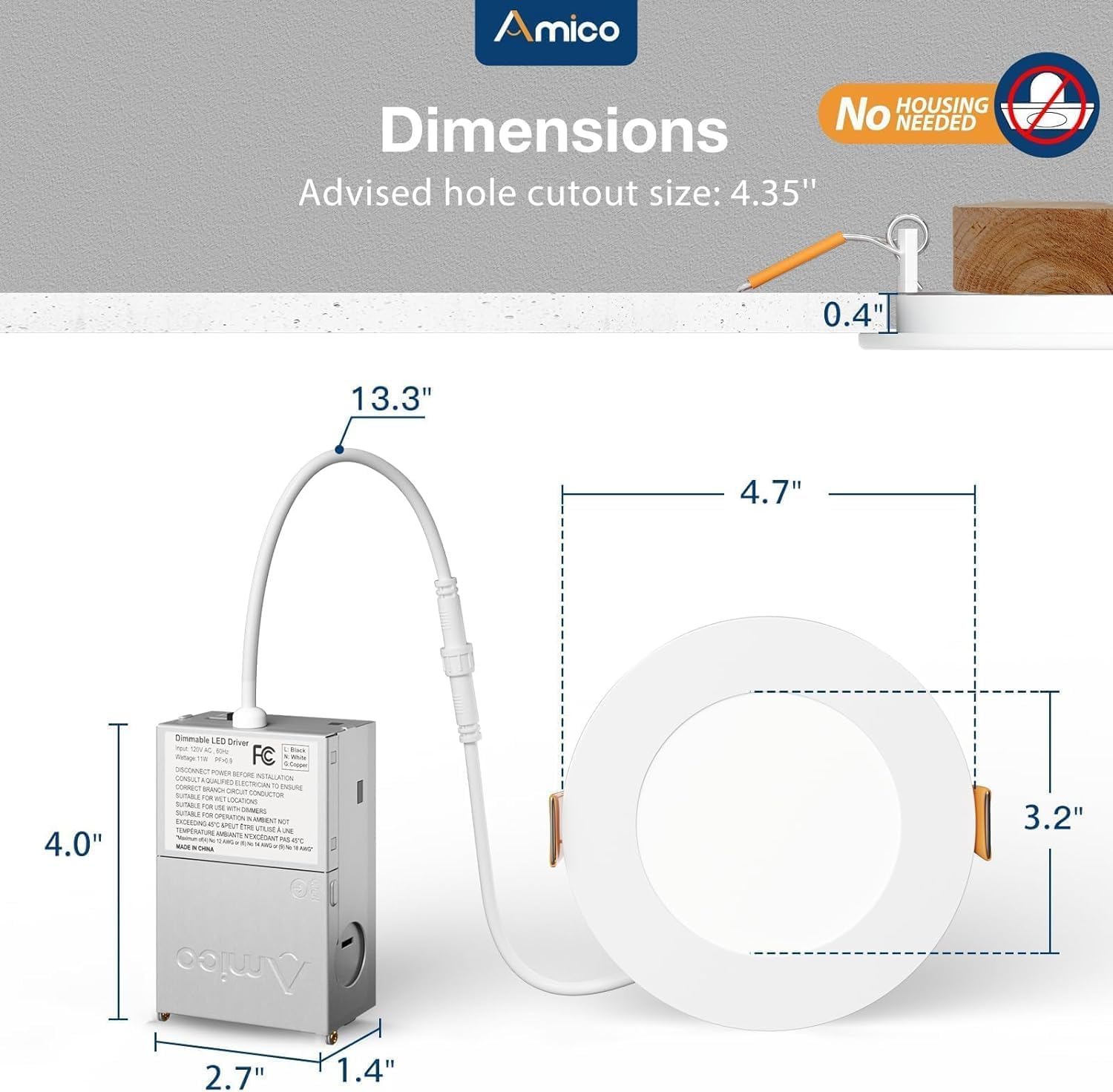 Amico 4 Pack 4 Inch 5CCT Ultra-Thin LED Recessed Ceiling Light with Junction Box, 2700K/3000K/3500K/4000K/5000K Selectable, 10W Eqv 60W 800LM Brightness Dimmable Canless Wafer Downlight, ETL & FCC