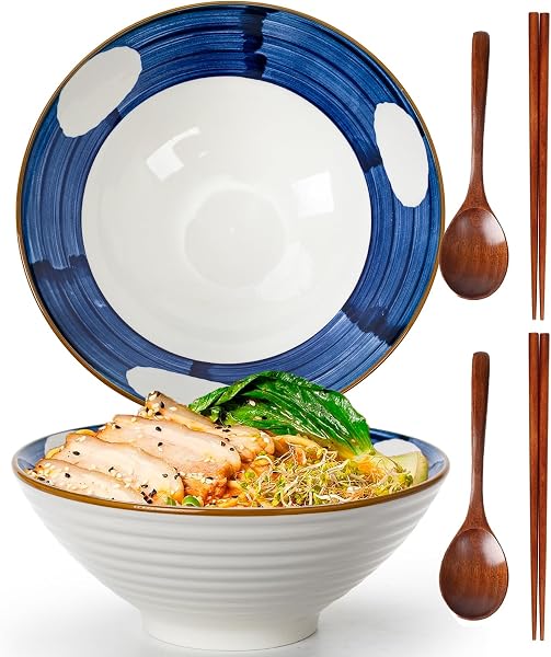 TuYines Ceramiczna miska do ramenu, zestaw 2 sztuk, miski na makaron, 1200 ml, z pałeczkami i łyżkami (Styl 1)