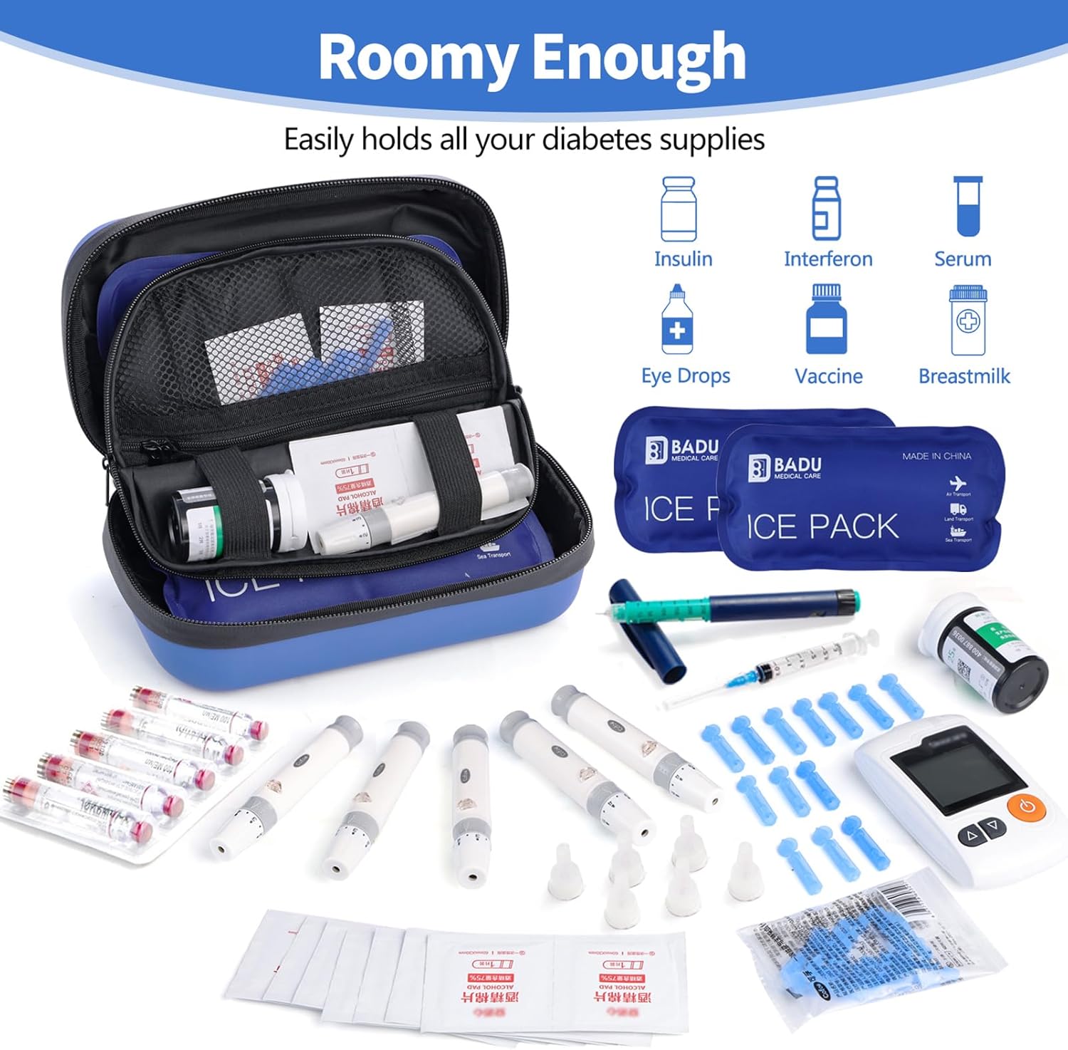 Insulin Cooler Travel Case TSA Approved Refrigerated Medicine Cooler for Travel w/Thermometer Temperature Diabetic Travel Case w/2 Reusable Ice Packs for Daily Life Trip, Blue