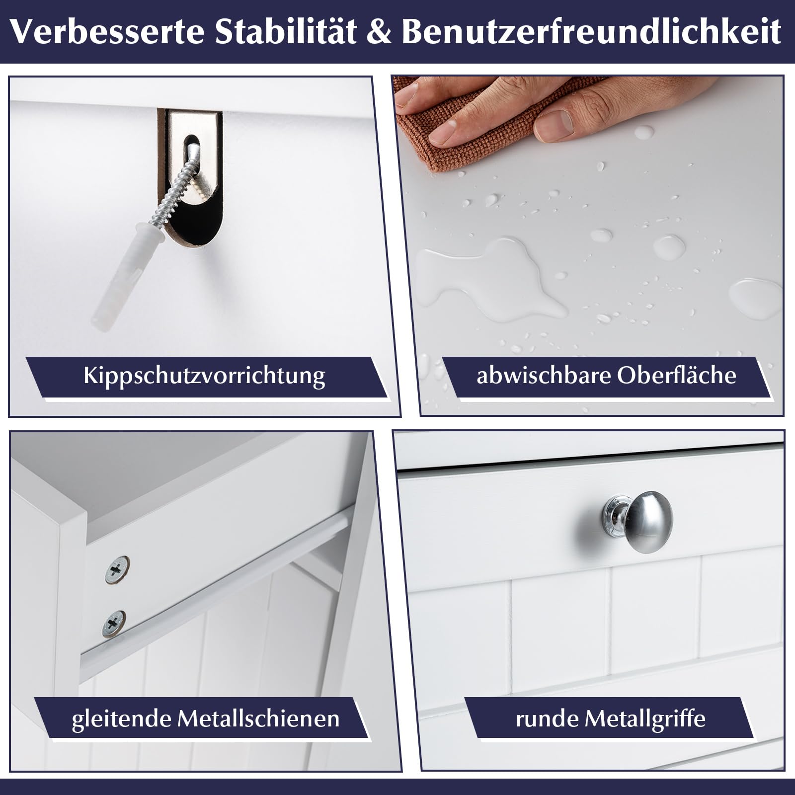 COSTWAY Kippbarer Wäscheschrank, freistehender Badezimmerschrank mit Regal, Schublade & abnehmbarem Wäschesack, moderner Badschrank mit Griffen für Badezimmer, Weiß (40,5 x 40 x 80 cm)