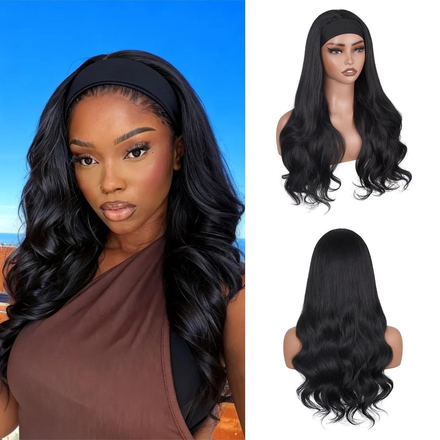 26 Inch Mixed Brown Headband Wig Glueless Body Wave Wigs with Headband Attached Highlight Brown Synthetic Hair Replacment Wigs Wear And Go Glueless Half Wigs for Black Women 150% Density 4/27-1