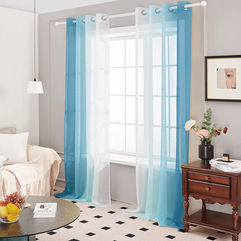 Deconovo Áttetsző Függöny Szett, Kék Fényáteresztő Voile Sötétítő Fülekkel, 245x140 cm, 2 db, Mosható Poliészter Erkély Függöny