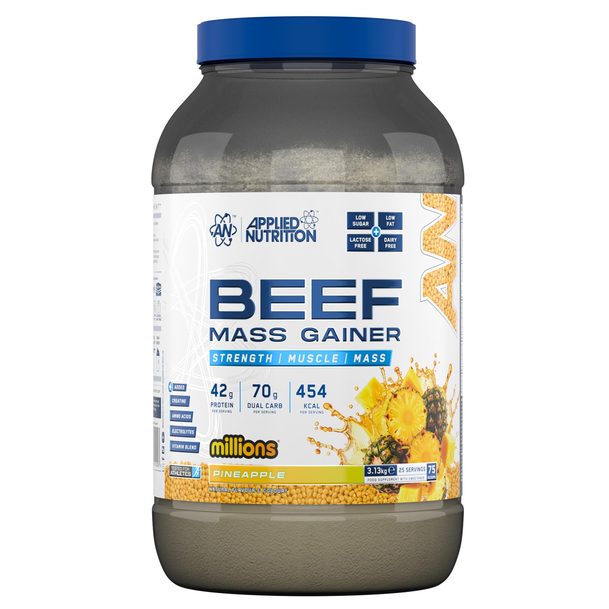 Applied Nutrition Beef Mass Gainer Protein Powder – 42g Beef Protein Isolate, High Calorie Weight Gainer Supplement, Lactose Free, Low Sugar (3.13kg – 25 Servings) (Pineapple Millions)