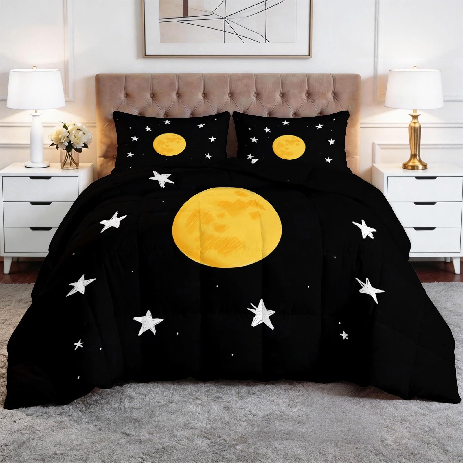 Negro Edredón Nórdico Libros Ilustrados Infantiles Luna Estrellas Trapunta con Acolchado en Diamante, Microfibra Premium, Suave y Transpirable – Todo en Uno, Set de Ropa de Cama 180 x 220 cm 3 Piezas