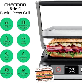 Chefman 5-in-1 Digital Panini Press Grill Sandwich Maker and Griddle Grill Combo with Removable, Reversible Dishwasher-Safe Grilling Plates, Opens 180 for Indoor BBQ /Flat Top Grill, Stainless steel