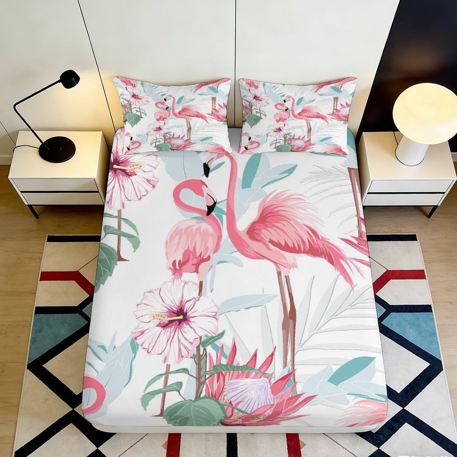 3D Printed Flamingo Tropical Fitted Sheet Microfiber Soft Pink Floral Mattress Cover for Bedroom Guest Room Decor 140x200x25cm