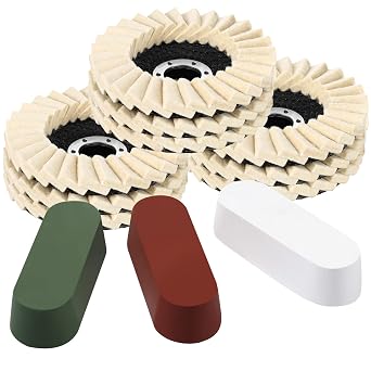 Tarpop 12 Pcs Angle Grinder Buffing Wheel Stainless Steel Polishing Kit Include 9 Pcs Felt Flap Disc 4-1/2 x 7/8 Inch Arbor Buffing Wheel and 3 Polishing Compound for Angle Grinder