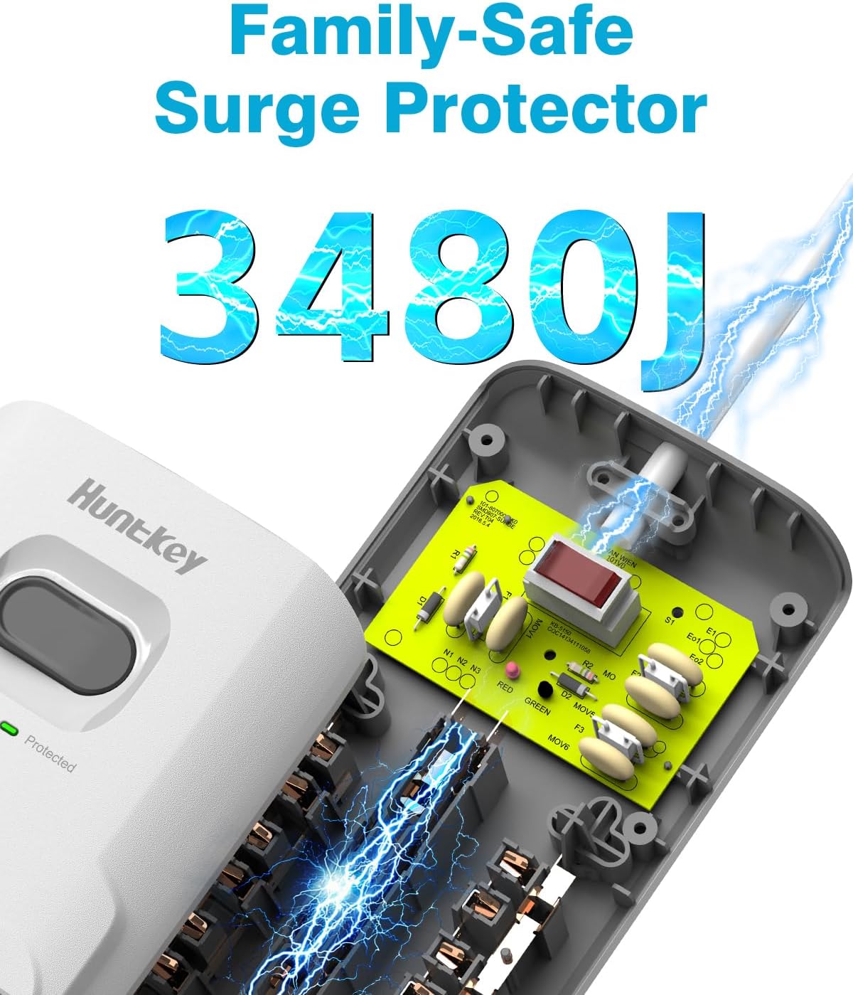 Surge Protector Power Strip (3480J), Huntkey 12 Outlets USB Ports, 6 ft Extention Cord, ETL Listed (White, USB A & USB C)