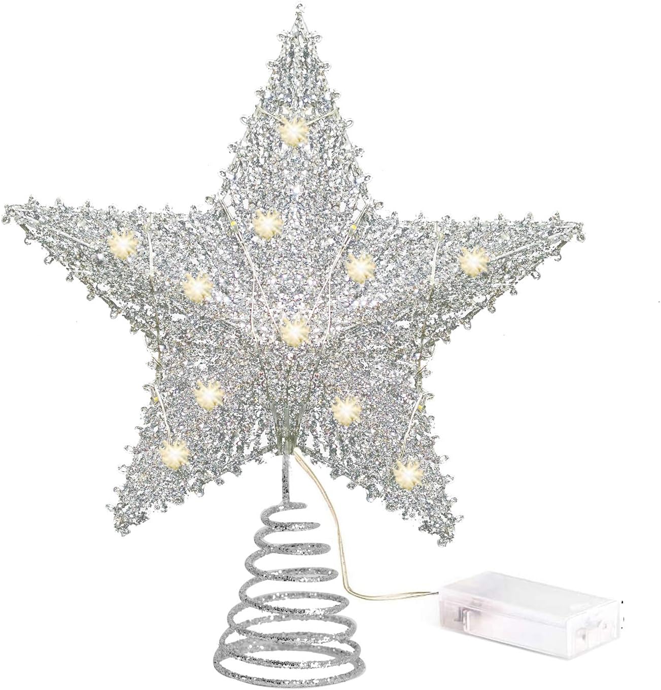 NAROCK Tree Toppers Silver Glittered Christmas Tree Topper 8 Inch Metal Star Treetop 10 LED Xmas Topper Star for Christmas Tree Decoration