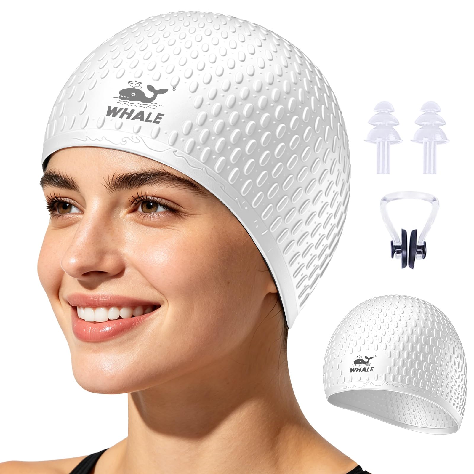Große Badekappe, langlebig, Silikon, wasserdicht, ideal für langes Haar und dicke Zöpfe, hält das Haar trocken, Badekappe mit Ohrstöpseln, Nasenklammer-Set