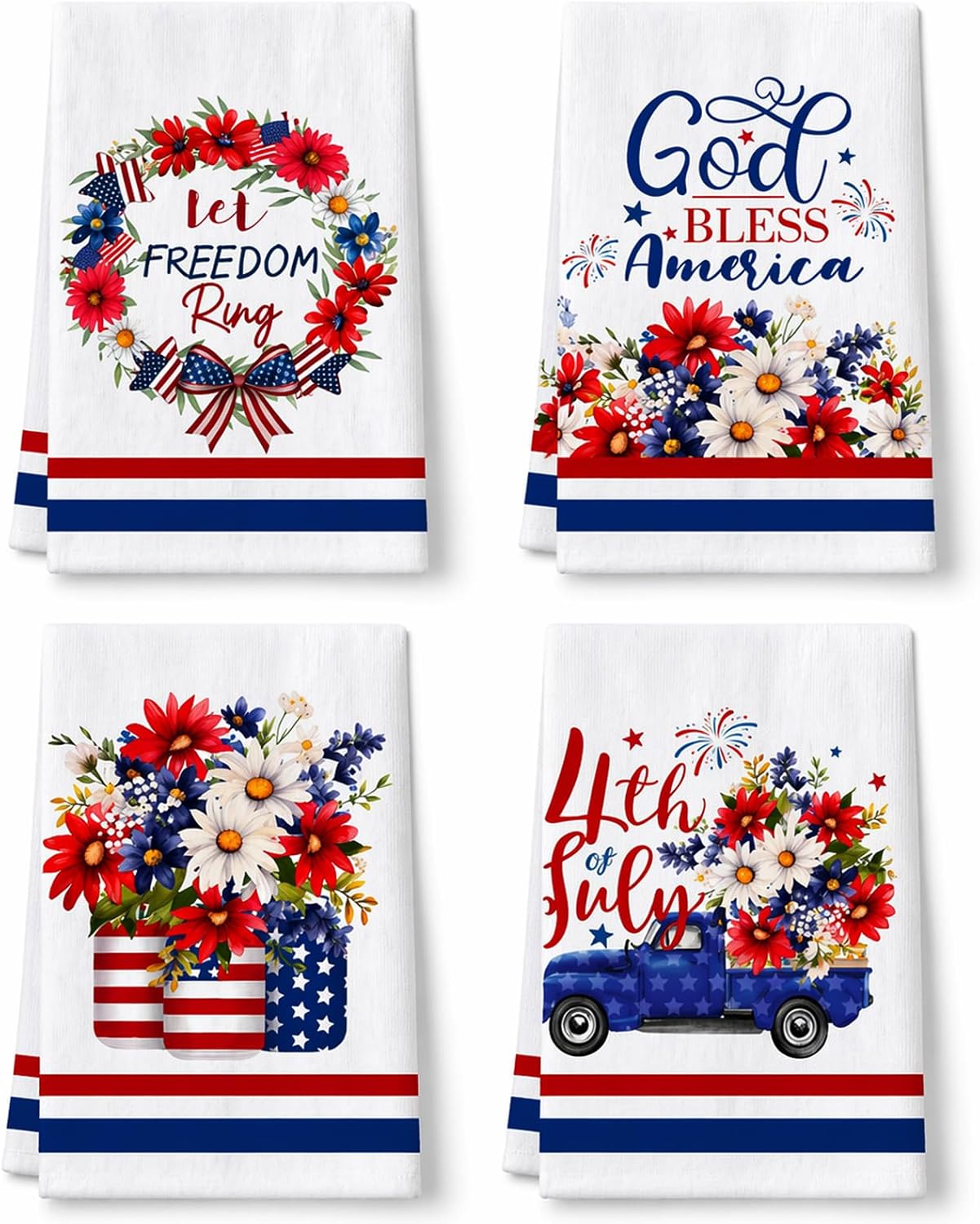 4 PCS 4th of July Kitchen Towels Daisy Stars Dish Towels Set Red White Blue Patriotic Hand Towels Independence Day Decorations for Memorial Day 250 Anniversary American Housewarming Gifts15.7" X 23.6"