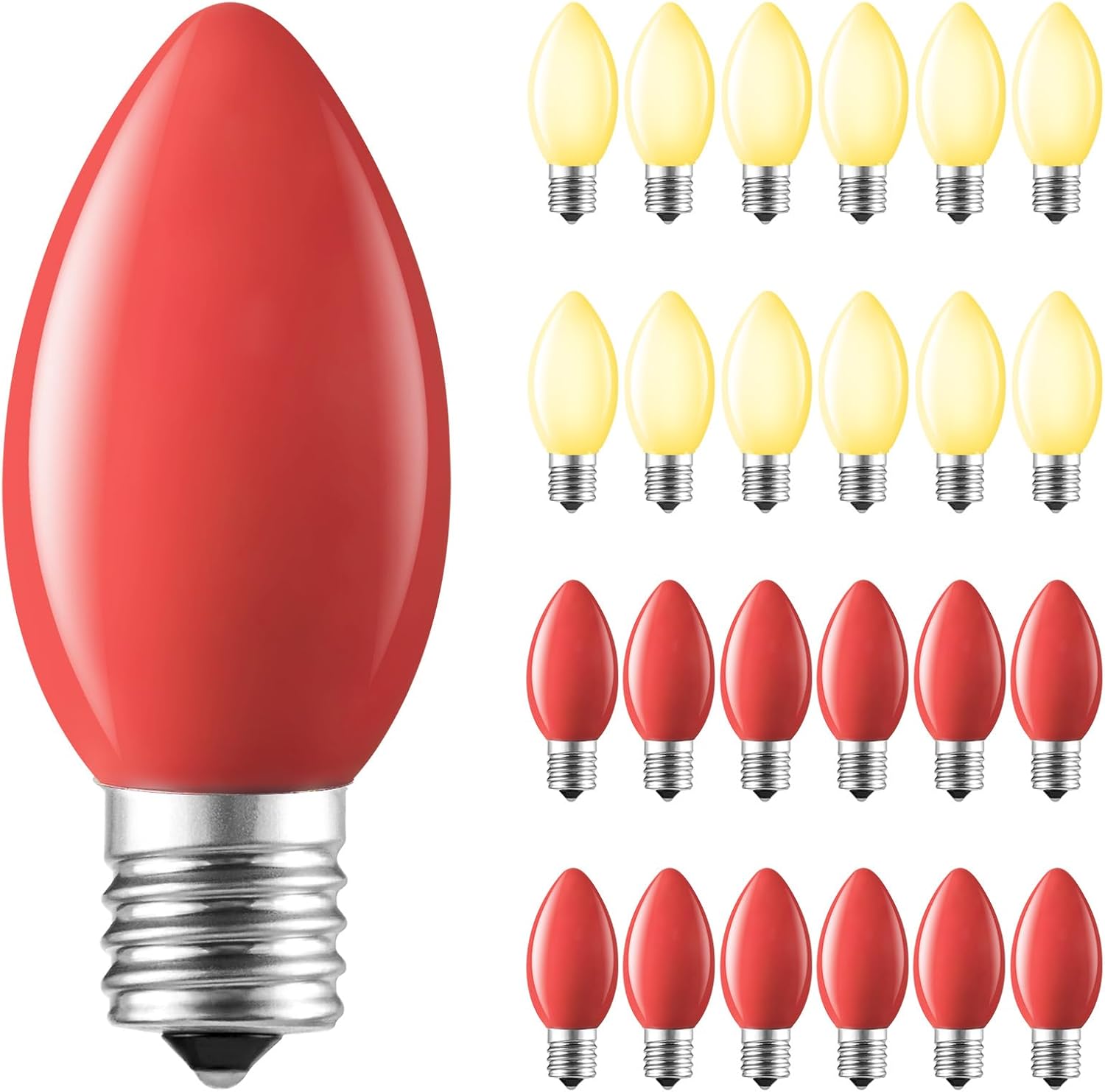 Brightown C9 LED Replacement Christmas Bulbs, 25 Pack Red and Warm White Shatterproof C9 Bulbs, Waterproof Commercial LED Holiday Bulb for Christmas String Light, E17 Intermediate Base, Dimmable