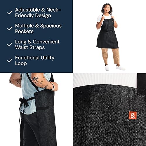 Miniatura 4 de hedley &amp; bennett Caviar Black Cossback Apron - Professional Chef Apron with Pockets and Cross-Back Straps for Cooking &amp; Grilling - Kitchen Aprons