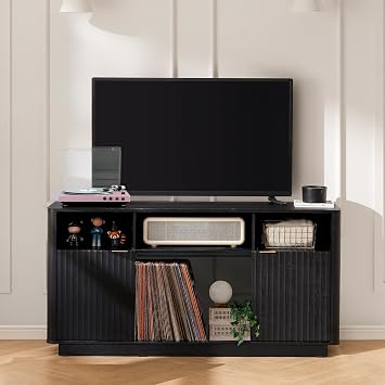 mopio Brooklyn 59" Fluted Tall TV Stand for 32/42/55/60/65 Inch TVs, Fireplace Television Console, Media Storage Cabinet, Entertainment Center for Living Room, TV Table, Credenza Black, No Insert