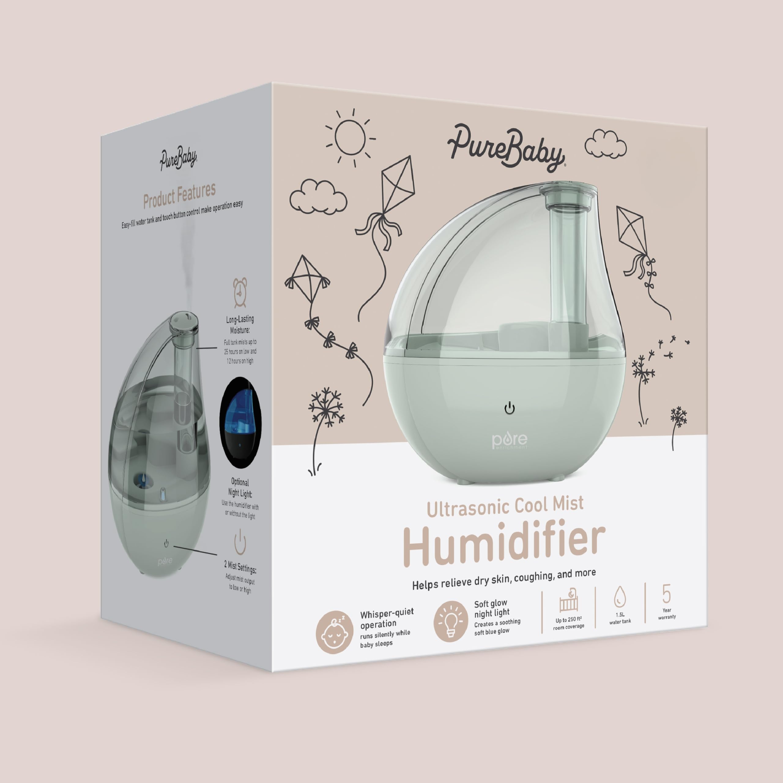 Pure Enrichment® MistAire™ Silver Ultrasonic Cool Mist Humidifier - Lasts Up to 25 Hours, Whisper-Quiet Overnight Operation, 360° Mist Nozzle, Easy-Fill Tank, & Auto Safety Shut-Off (Whisper Green)