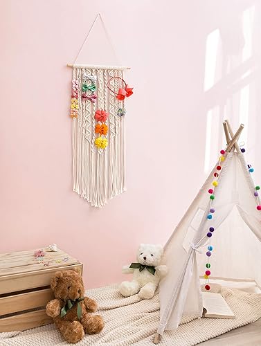 Miniatura 3 de Mkono Soporte de lazo de macramé para colgar el pelo, organizador para lazos para el pelo de niñas, pinzas para el pelo de pared bohemio, gancho