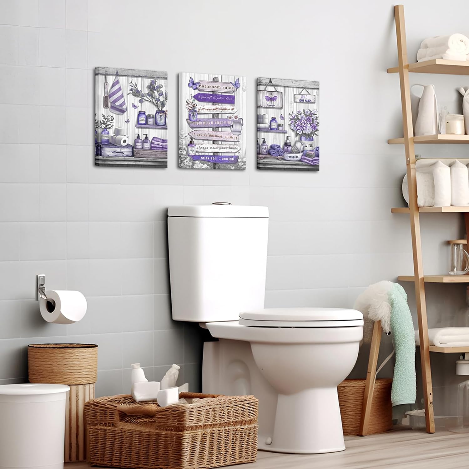 OuElegent Purple Bathroom Wall Art Farmhouse Wall Decor Canvas Rustic Bathroom Rules Paintings Purple Pictures for Washroom Wall Decor Framed（12''x16''x3