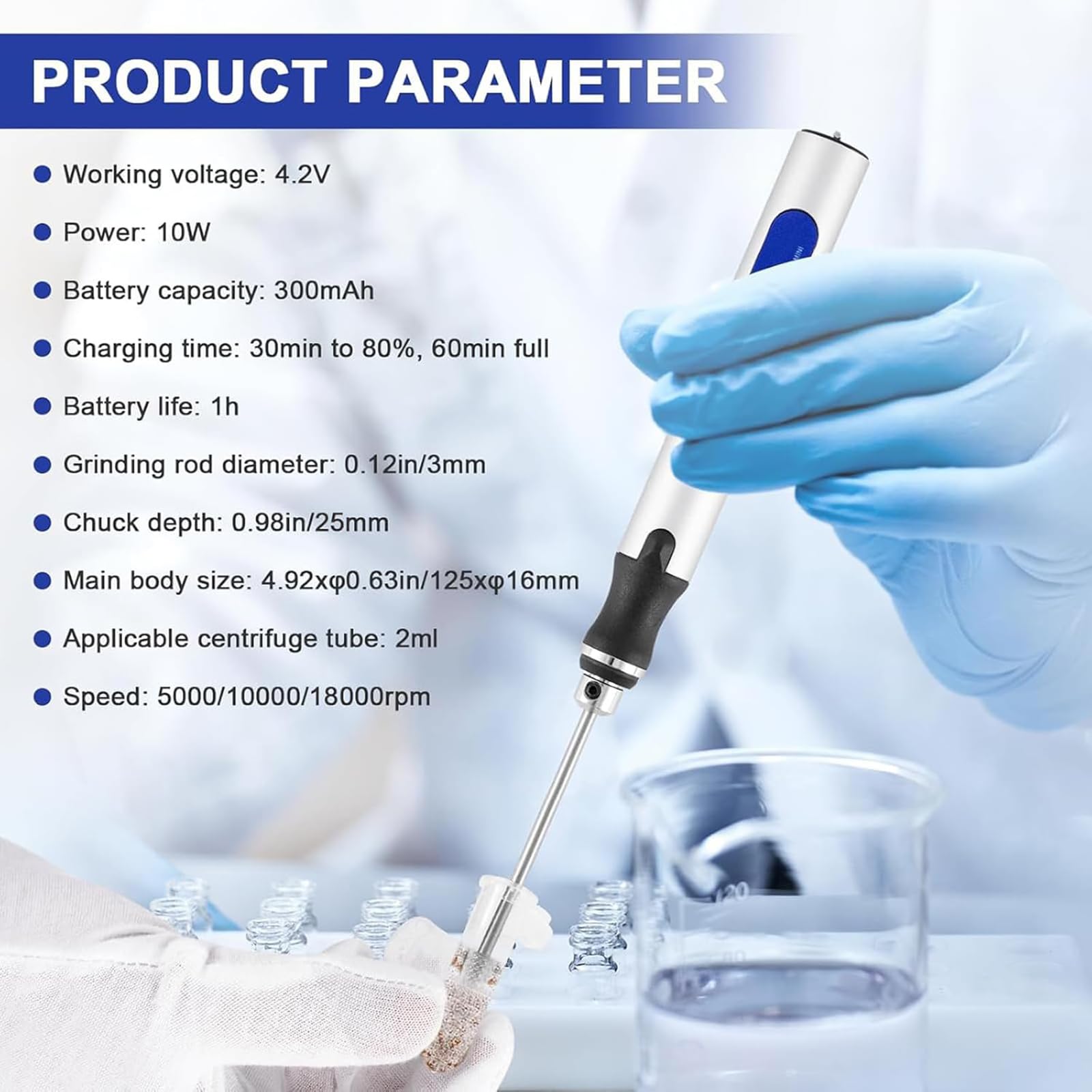 Homogeneizador de tejido portátil, mini homogeneizador, capacidad de 2 ml, 3 ajustes de velocidad (5000/10000/18000 rpm), batería recargable, 1 hora de funcionamiento, adecuado para muestras de