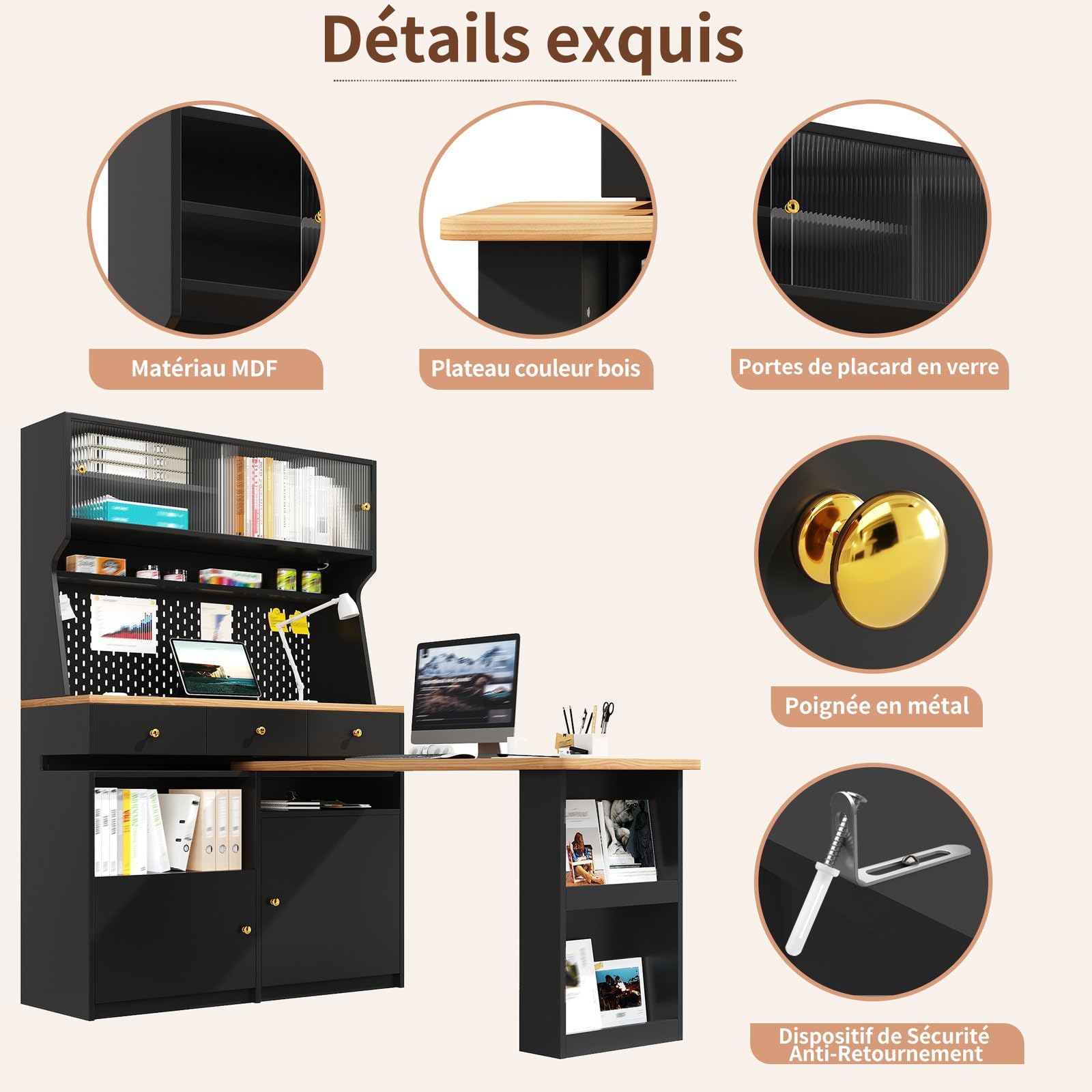 KOMHTOM Buffet Cuisine 137 cm, Vaisselier avec Plan de Travail et LED