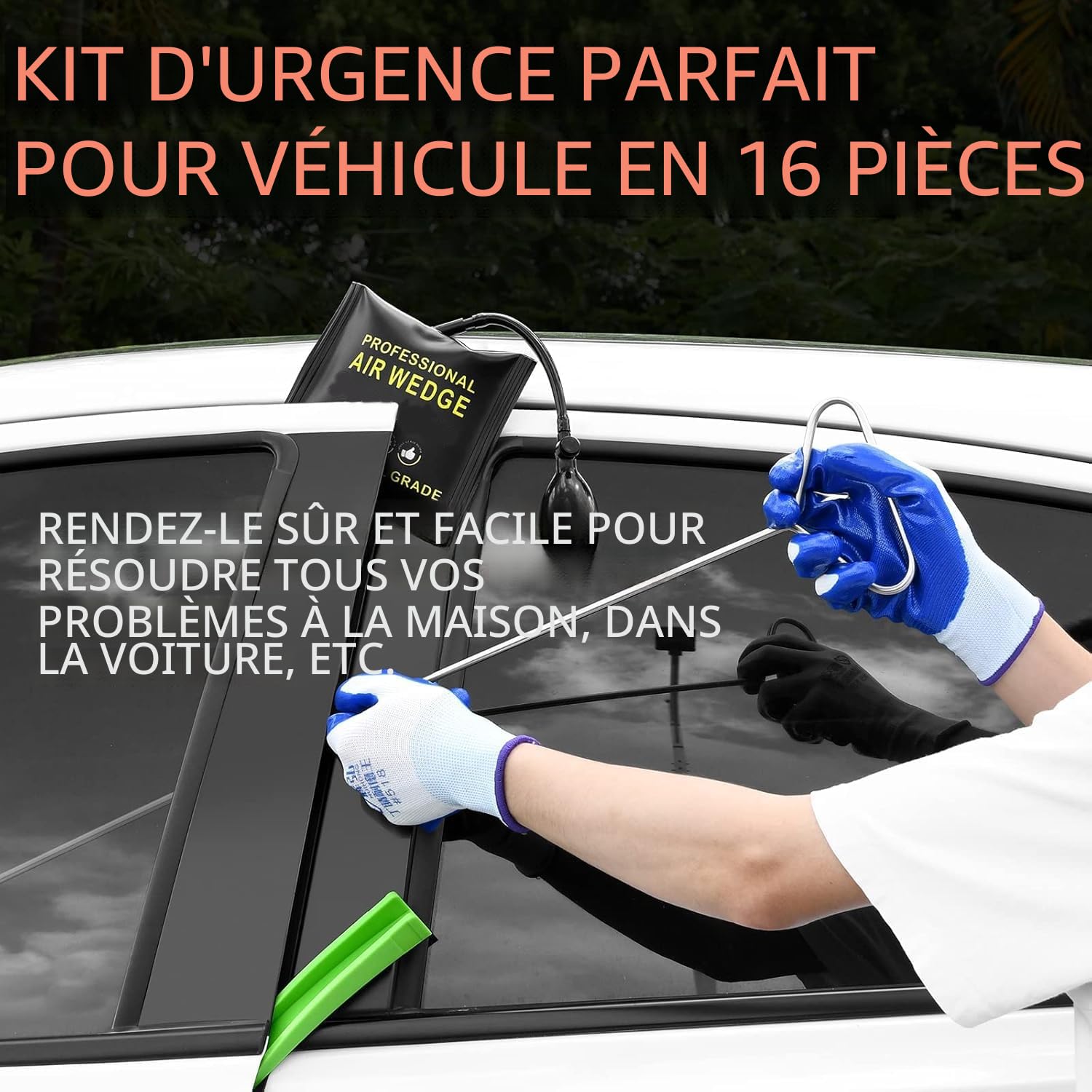 Menborn Kit d'outillage professionnel pour voiture, 16 pièces avec long manche, pompe à coin d'air, cale sans trace, gants, indispensable en cas d'urgence