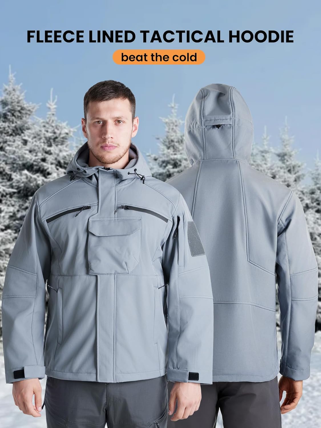 Flyplus Men's Tactical Fleece Lined Jacket Hooded Waterproof Ski Jacket 6 Pockets Windproof Windbreaker Outdoor Coats - Image 2