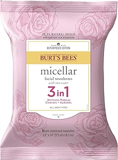 Face Wipes, Burt's Bees Facial Cleansing, Makeup Remover Towelettes with Rose Water, 3 in 1 Hydrating Micellar Cleanser, 3...