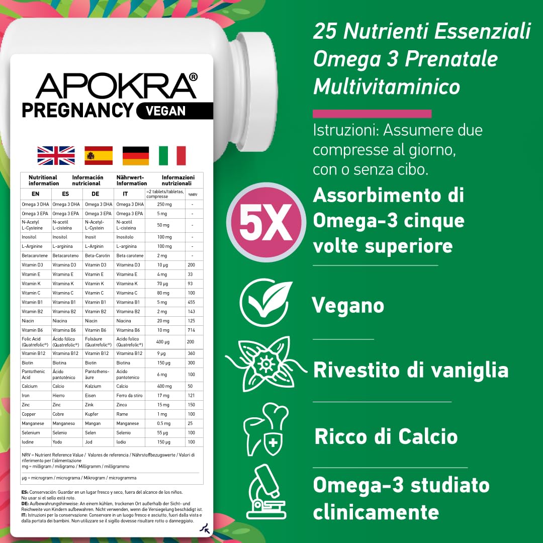Multivitaminico Durante Gravidanza Con 25 Nutrienti - Acido Folico (Quatrefolic), Calcio, Olio Di Alghe Omega 3 Vegano DHA/EPA | Multivitaminico Pre Natale Per Donne | 60 Compresse | APOKRA