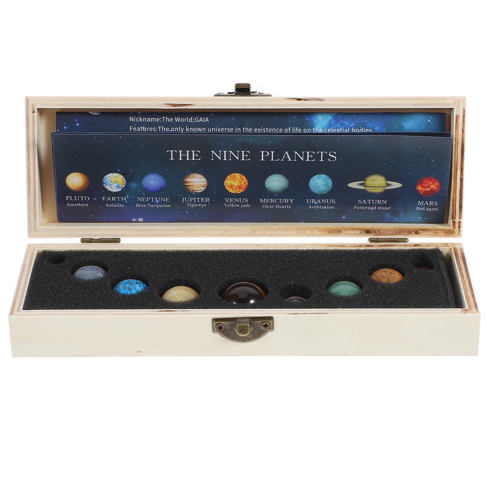 Natural Gemstone Solar System Planets Decor Set – 9 Collectible Mineral Stone Figurines with Wooden Box – Educational Crystal Round Planet Stones for Home Décor and Interactive