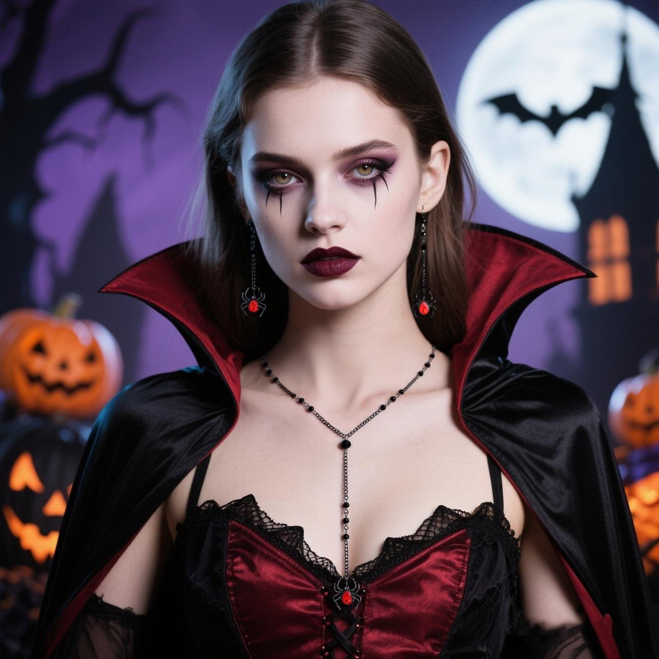 Todenb Gothic Witch Jewelry Set for Women Halloween Dark Bat Spider Necklace Earrings Set Punk Black Crystal Witch Bead Choker Earrings Halloween Dark Bridal Vampires Witch Jewelry Set - Image 3