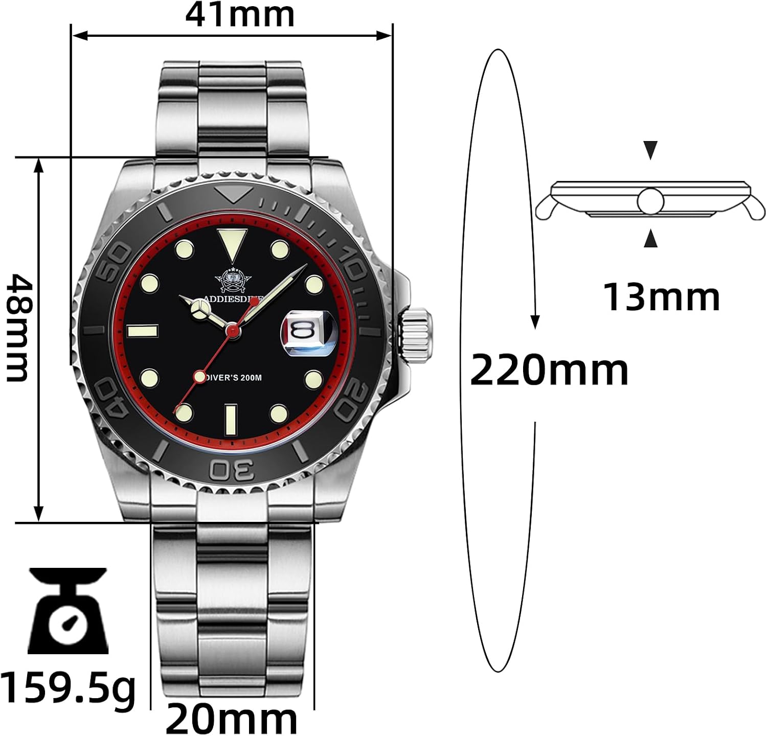 ADDIESDIVE Mens Dive Watch 41MM Analog Quartz 200M Waterproof Watches for Men with Rotatable Bezel BGM9 Luminous and Rubber Band AD2040