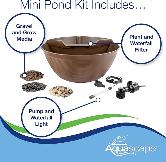 Aquascape AquaGarden Container Water Feature Kit Indoor & Outdoor Mini Pond with Waterfall Fountain, Pump & Filtration for Home & Patio, Brown