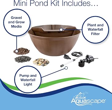 Aquascape AquaGarden Container Water Feature Kit Indoor & Outdoor Mini Pond with Waterfall Fountain, Pump & Filtration for Home & Patio, Brown