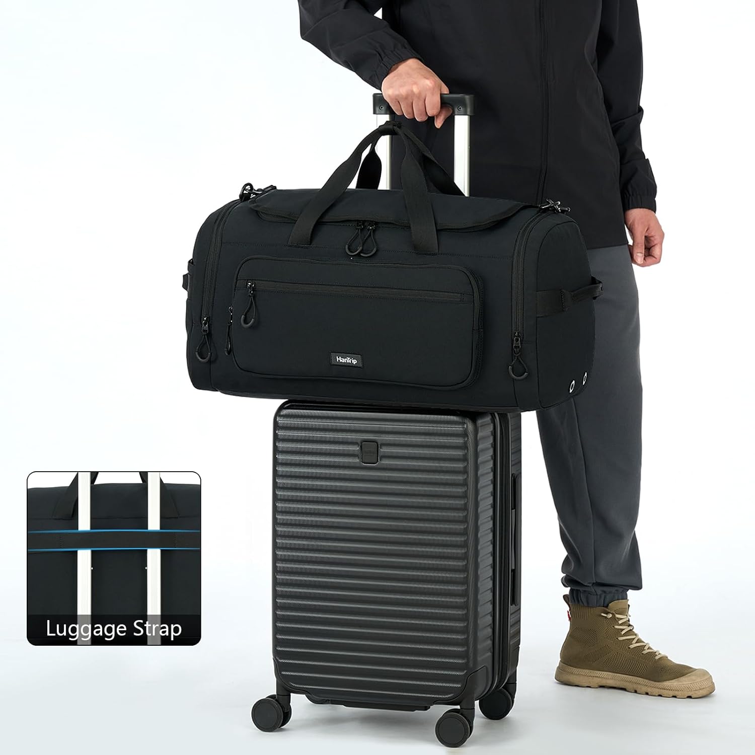 HanTrip Large Travel Duffle Gym Bag with Shoe Compartment, Underseat Carry On Luggage Overnight Weekender Personal Item Workout Bags for Women Men (Black)