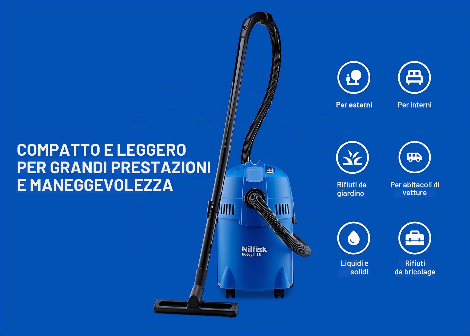 Nilfisk Buddy II 18L Aspiratore Solidi e Liquidi – Per Casa, Giardino e Auto – Funzioni di Aspirazione e Soffiaggio per Interni ed Esterni (1200 W)