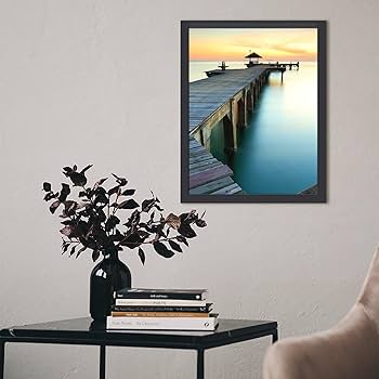 Amazon.co.jp: 夕暮れの海に続く桟橋 絵画 絵 バリ美術 アート