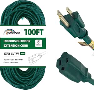 Indoor Outdoor Extension Cord Weatherproof, UL Listed, 16 Gauge 100FT Green 3 Prong Heavy Duty Extension Cord, 16/3 SJTW 10A Power Extension Cord for Outdoor Lights, Appliances, Lawn