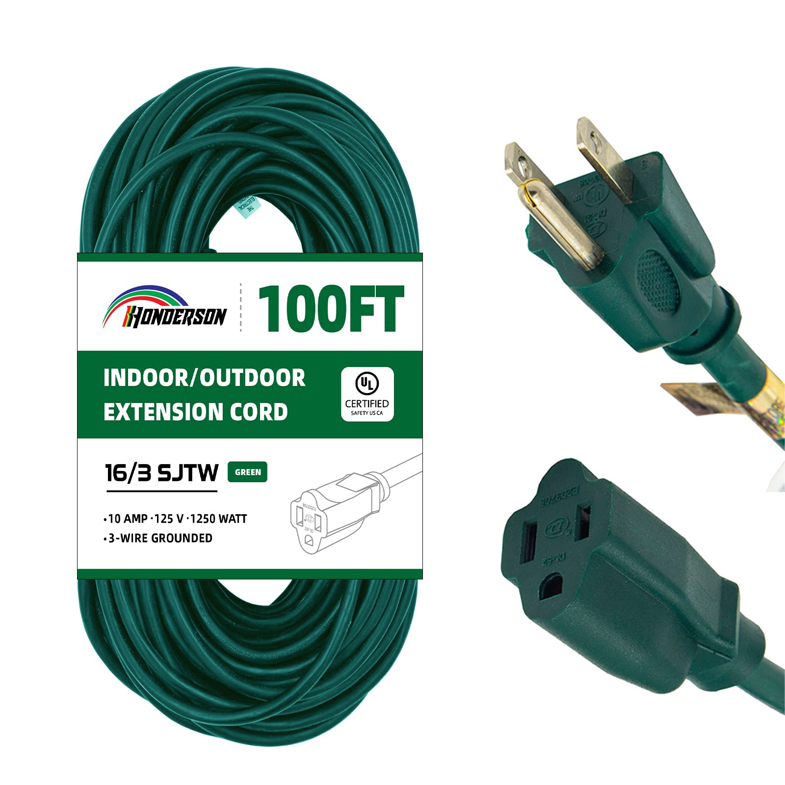 100 Ft Outdoor Extension Cord-Weatherproof 16/3 SJTW Durable Green Extension Cable with 3 Prong Grounded Plug for Safety- Great for Christmas Decoration and Landscaping Lights