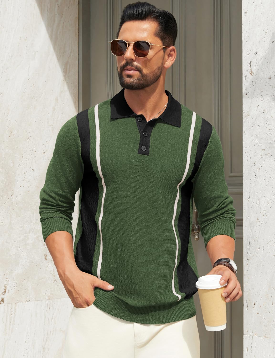 Hardaddy Men's Vintage Striped Polo Sweater Color Block Lightweight Long Sleeve Collared Knit Shirts - Image 3