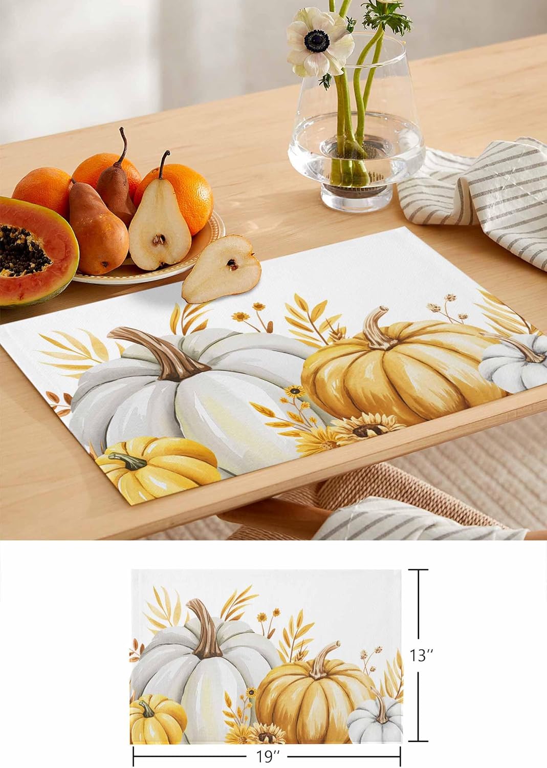 Placemats Set of 12,Autumn Pumpkin Leaf Flower Heatproof Non-Slip Table Mats Place Mat,Thanksgiving White Yellow Plant Linen Washable Placemat for Kitchen Dinning Indoor Outdoor Party Decor